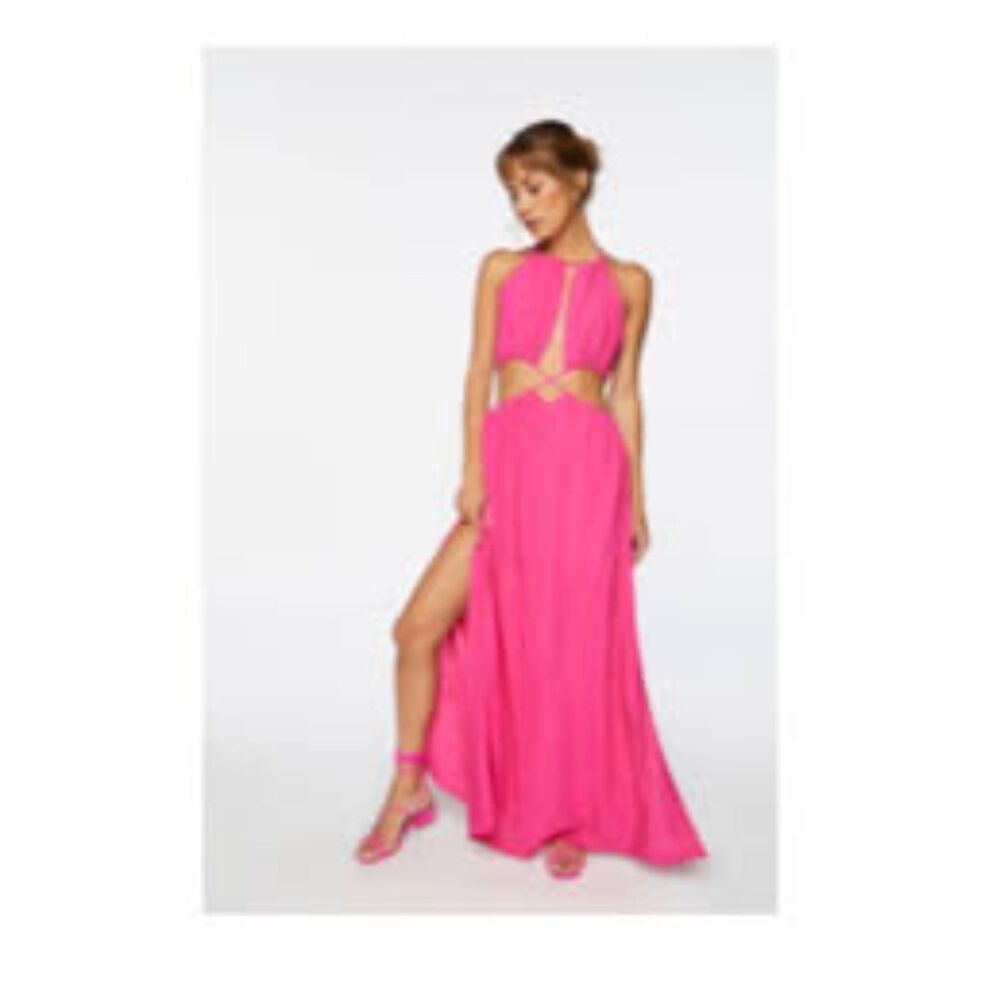 A Peach Hot Pink Halter Cutout Maxi Dress Crinkle Flowy Resort. Size L